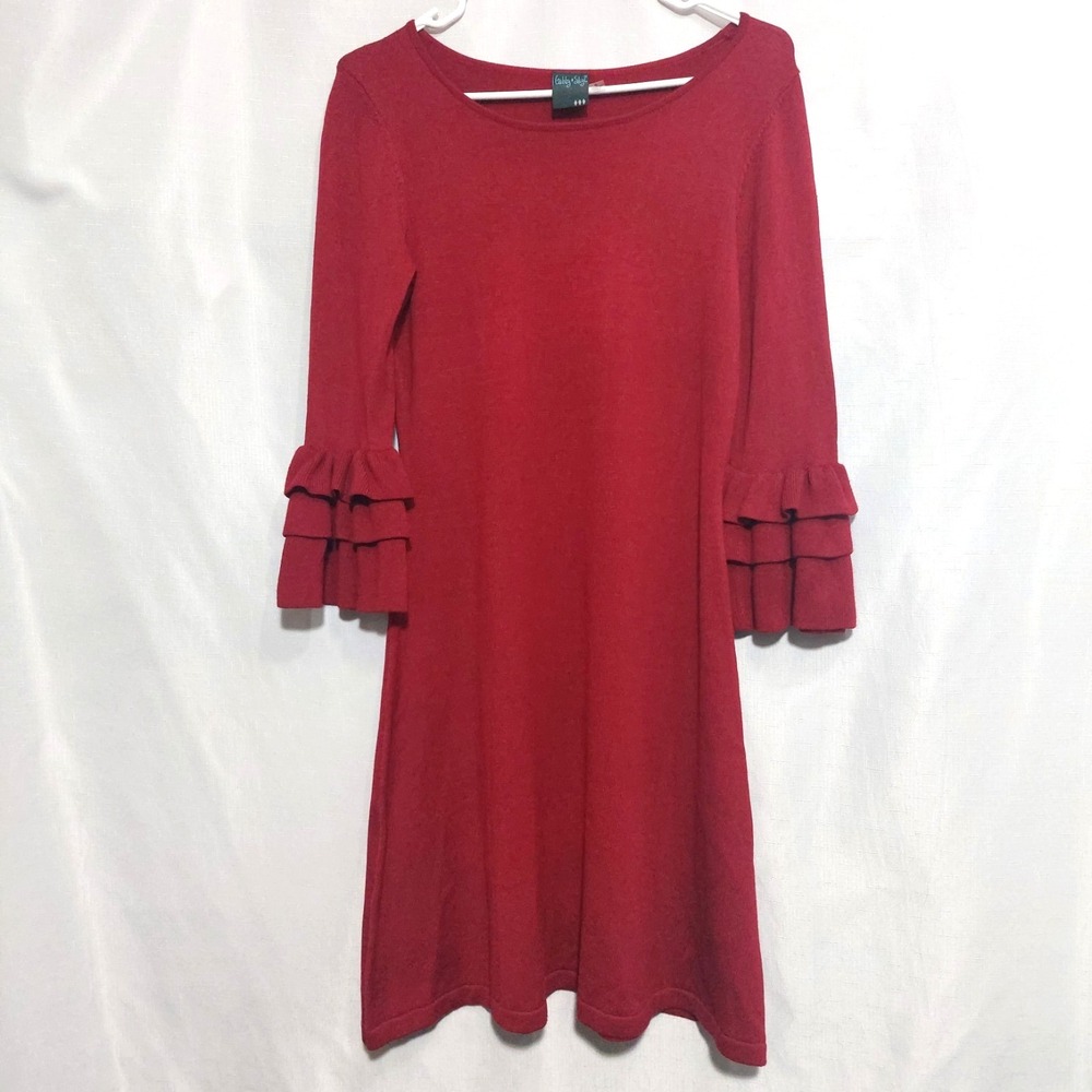 Gabby Skye Womens Small Knit Sweater Dress A Line Long Ruffle Sleeves Deep‎ Red